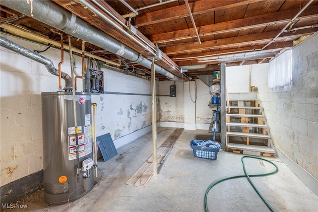 basement with electric panel and water heater