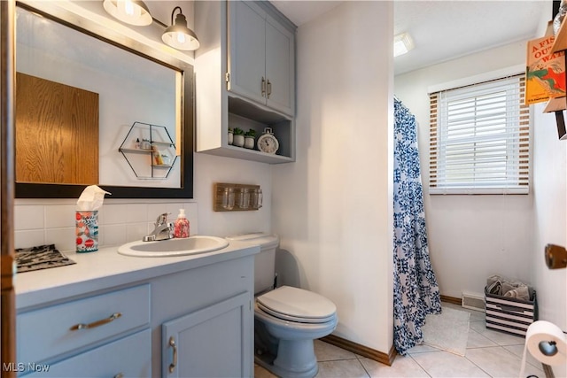 bathroom featuring toilet, tile patterned flooring, tasteful backsplash, and vanity