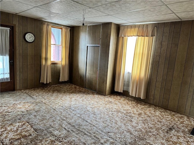 unfurnished room featuring wood walls and carpet floors