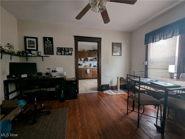 office space featuring hardwood / wood-style flooring and ceiling fan