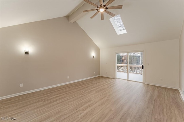 empty room with ceiling fan, beam ceiling, a skylight, light wood-type flooring, and high vaulted ceiling