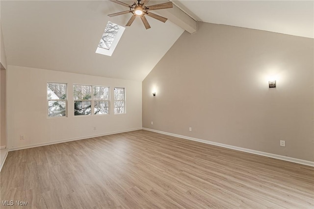 empty room featuring ceiling fan, beam ceiling, a skylight, and light wood-type flooring