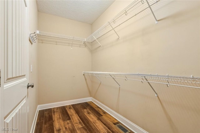 walk in closet with dark hardwood / wood-style flooring