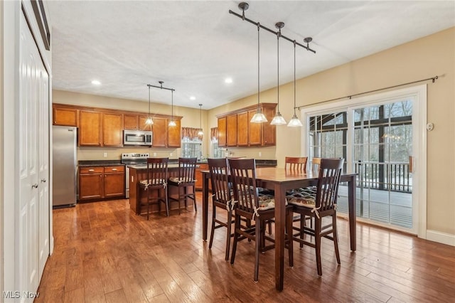 dining space featuring dark wood-type flooring