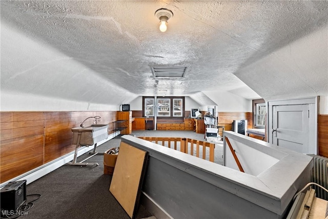 exercise area with a textured ceiling, wooden walls, vaulted ceiling, wainscoting, and carpet flooring