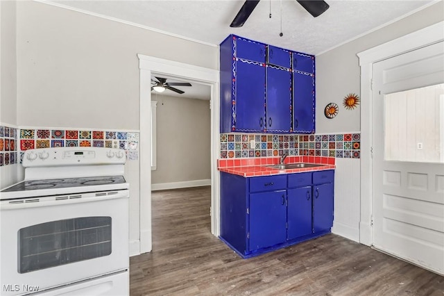 kitchen with sink, dark hardwood / wood-style flooring, blue cabinetry, and white range with electric cooktop