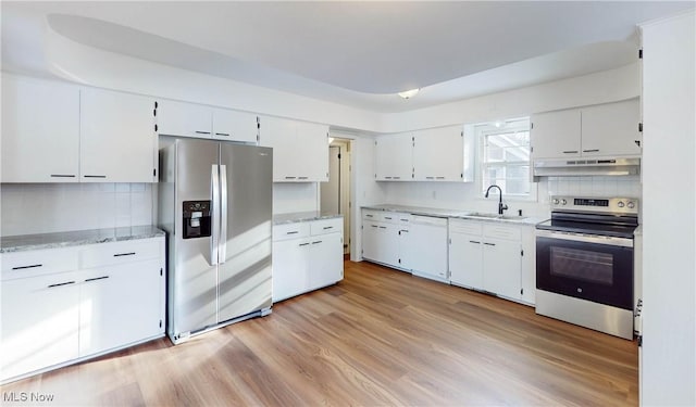 kitchen with tasteful backsplash, sink, light hardwood / wood-style flooring, stainless steel appliances, and white cabinets