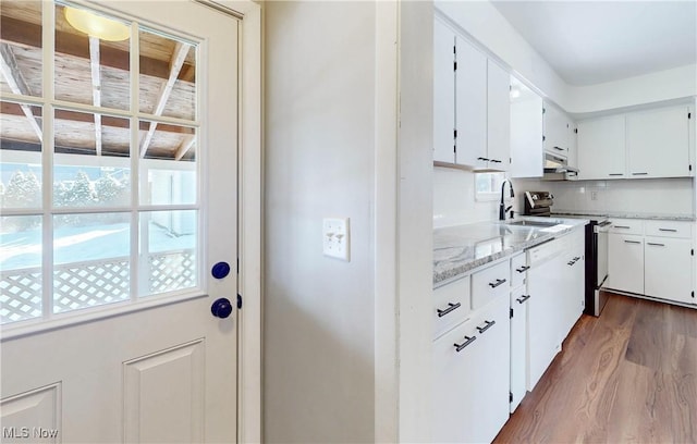 kitchen with white cabinets, dark hardwood / wood-style flooring, and sink