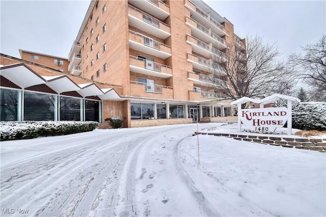 view of snow covered building