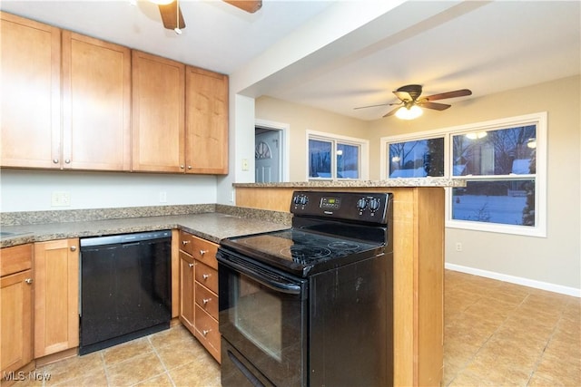 kitchen with ceiling fan, black appliances, and kitchen peninsula