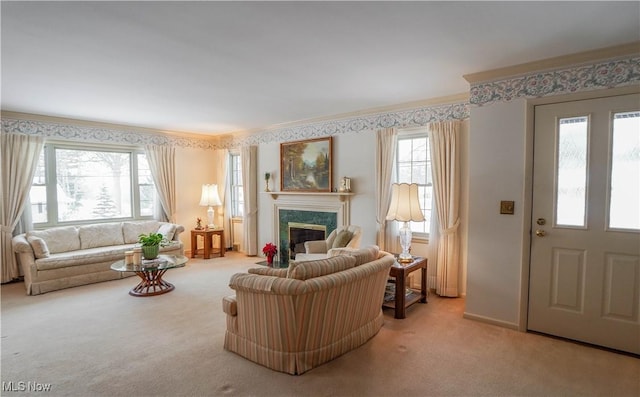 living room with carpet, crown molding, and a fireplace