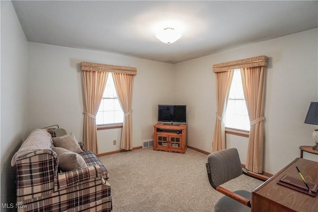 office area featuring light carpet