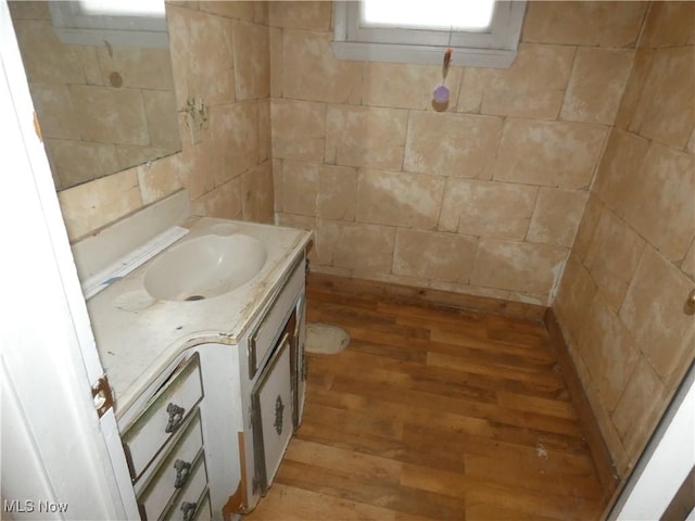 bathroom featuring hardwood / wood-style flooring, vanity, and a healthy amount of sunlight