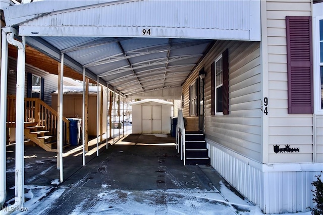 view of property exterior with a storage shed and a carport