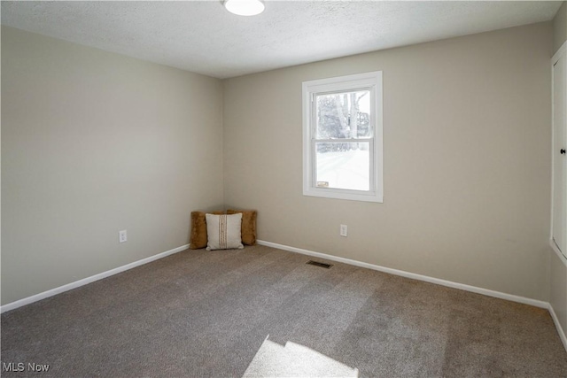 empty room with carpet floors and a textured ceiling