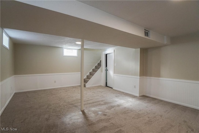 basement featuring carpet flooring