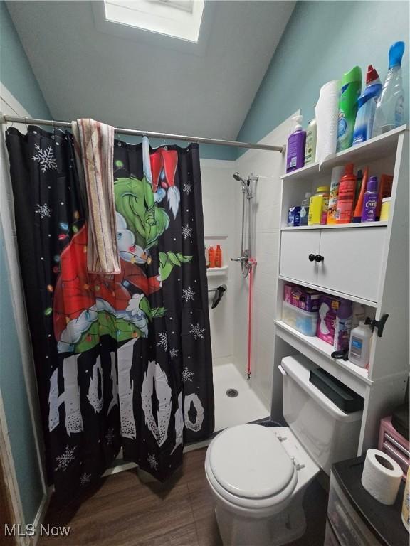 bathroom with toilet, walk in shower, and vaulted ceiling