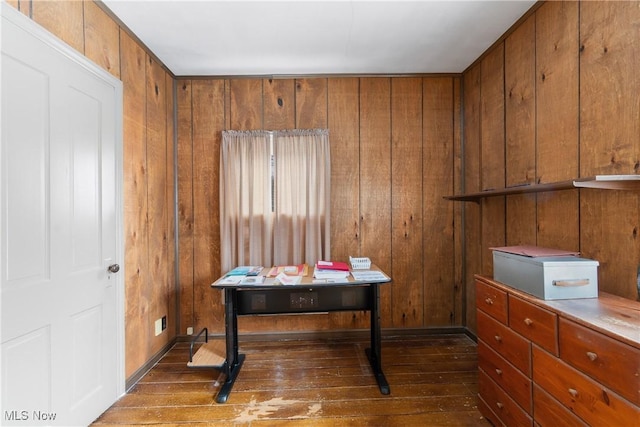 home office featuring dark hardwood / wood-style flooring and wood walls