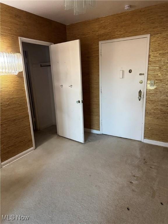 interior space featuring a closet, light colored carpet, and wood walls