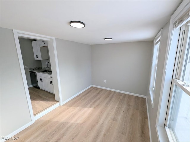 empty room with sink and light hardwood / wood-style flooring