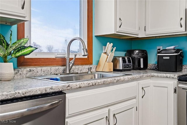 kitchen featuring white cabinets, stainless steel dishwasher, and sink