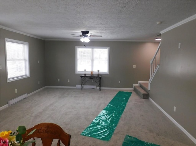 interior space featuring plenty of natural light, a baseboard radiator, carpet, and crown molding