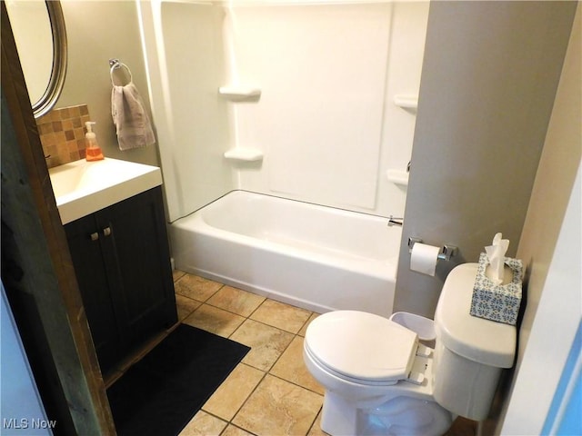 full bathroom with toilet, shower / bath combination, decorative backsplash, tile patterned flooring, and vanity