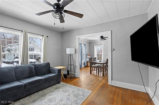 living room with ceiling fan, plenty of natural light, and hardwood / wood-style floors