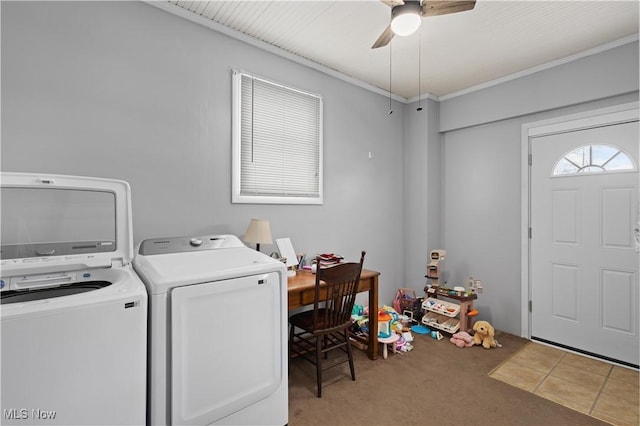 laundry area featuring washer and dryer, light tile patterned floors, crown molding, and ceiling fan