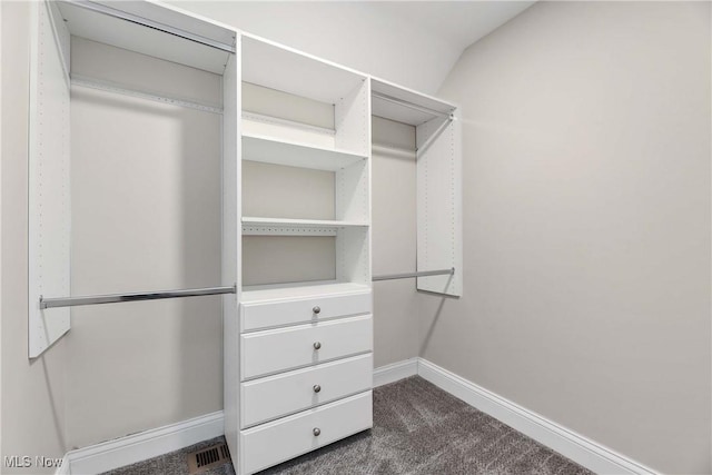 spacious closet with lofted ceiling and dark colored carpet