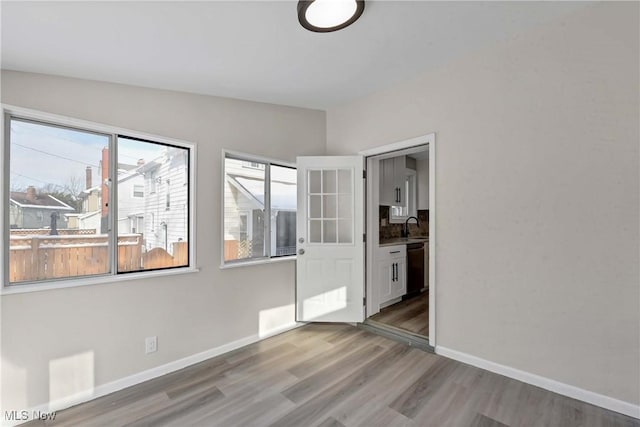 empty room featuring vaulted ceiling, a wealth of natural light, light hardwood / wood-style flooring, and sink