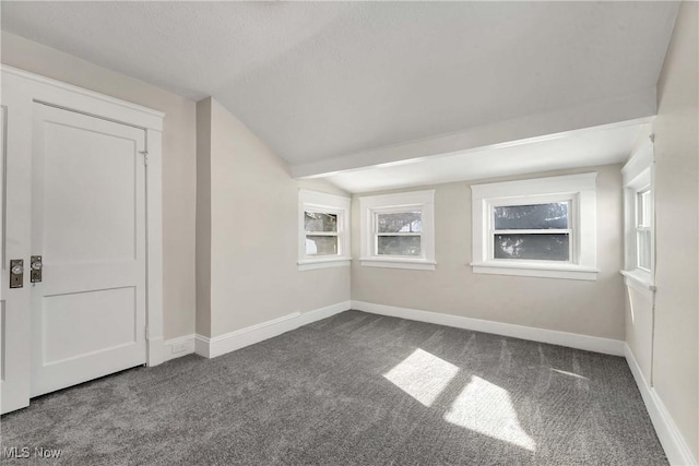 spare room featuring carpet, lofted ceiling, and a textured ceiling