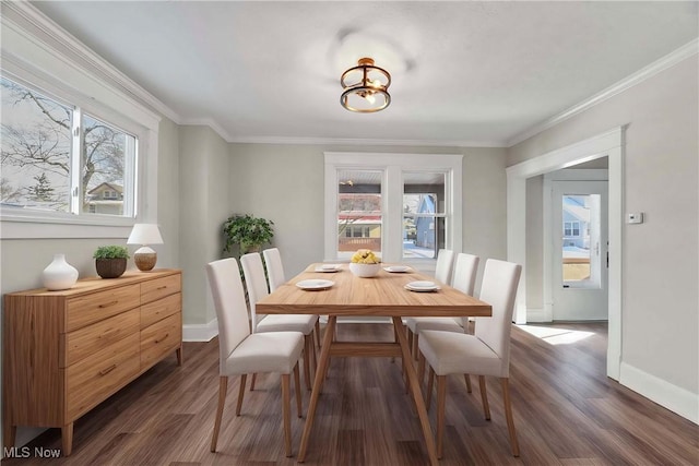 dining room featuring dark hardwood / wood-style floors and ornamental molding