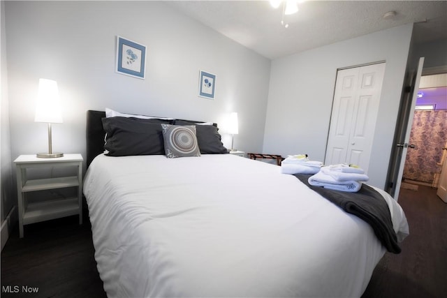 bedroom featuring a closet and dark hardwood / wood-style flooring