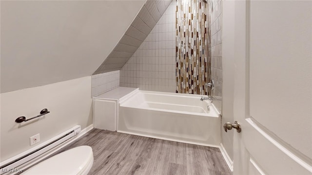 bathroom with a baseboard radiator, hardwood / wood-style floors, shower / tub combination, toilet, and vaulted ceiling