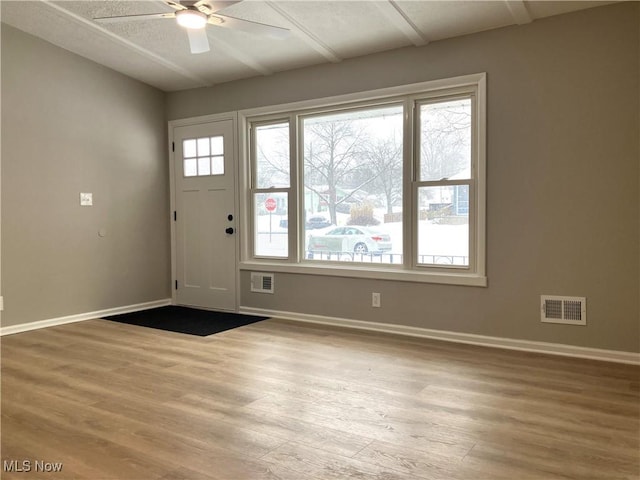 foyer entrance featuring light hardwood / wood-style floors, a wealth of natural light, and ceiling fan