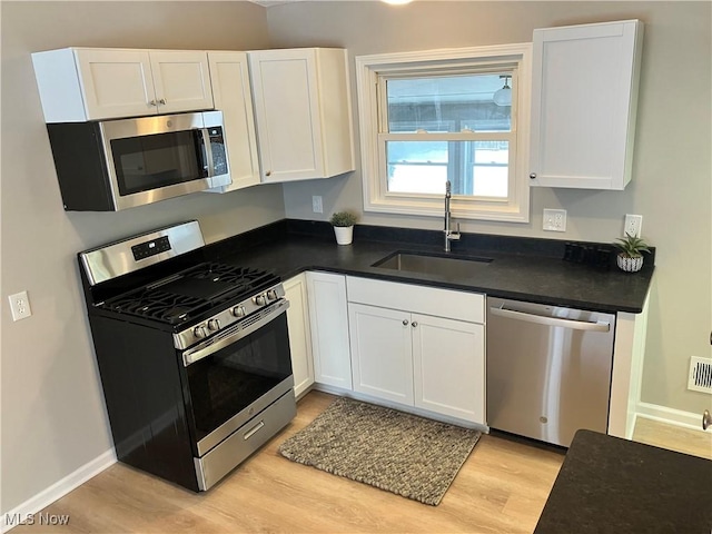 kitchen with white cabinets, appliances with stainless steel finishes, sink, and light hardwood / wood-style flooring