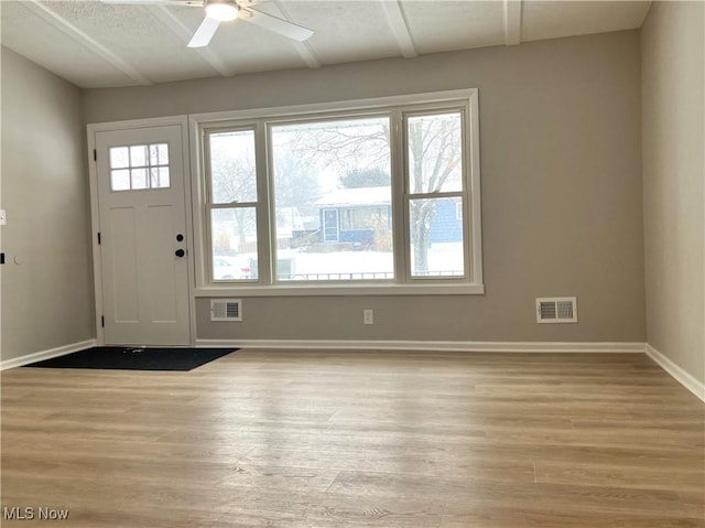 entryway with ceiling fan, plenty of natural light, and light hardwood / wood-style floors