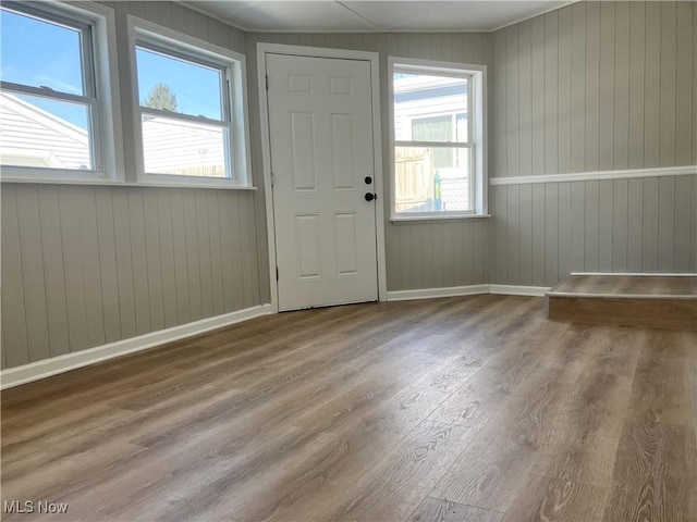 entrance foyer with hardwood / wood-style floors, plenty of natural light, and wooden walls