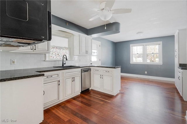 kitchen featuring white cabinets, backsplash, dishwasher, and sink