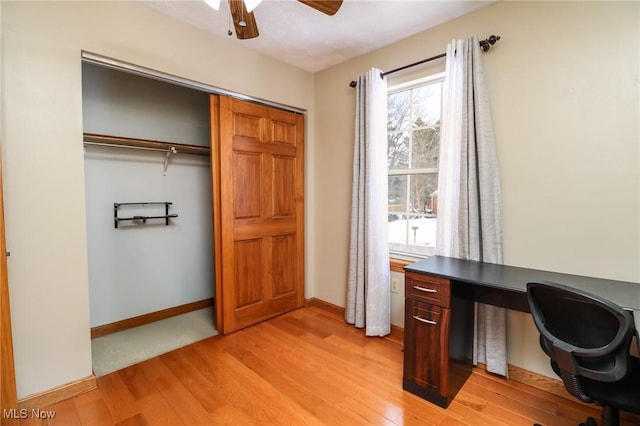 office area featuring ceiling fan and light hardwood / wood-style floors