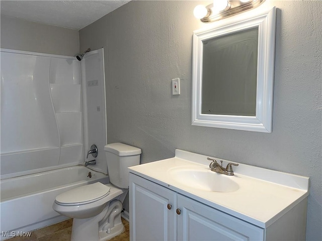 full bathroom with toilet, a textured ceiling, shower / bath combination, and vanity