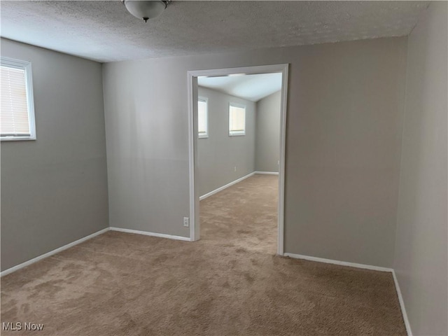 spare room featuring light colored carpet and a textured ceiling