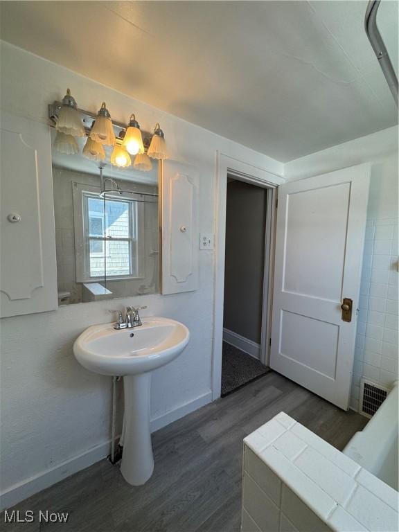 bathroom with hardwood / wood-style floors