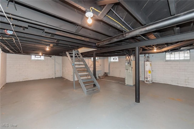 basement with heating unit and water heater