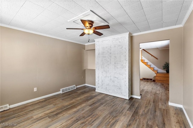 unfurnished room with ceiling fan, crown molding, and dark hardwood / wood-style floors