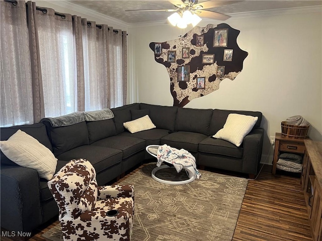 living room with a textured ceiling, ceiling fan, dark hardwood / wood-style flooring, and crown molding