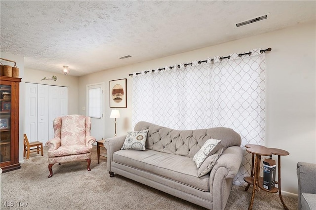 living room featuring a textured ceiling and carpet flooring