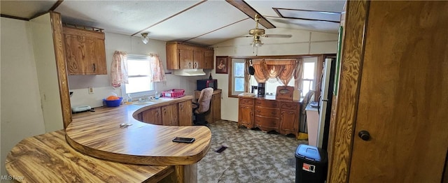 kitchen featuring ceiling fan, vaulted ceiling, and sink