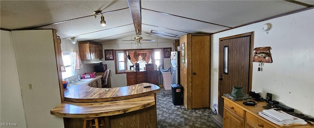 kitchen featuring lofted ceiling, ceiling fan, and dark carpet